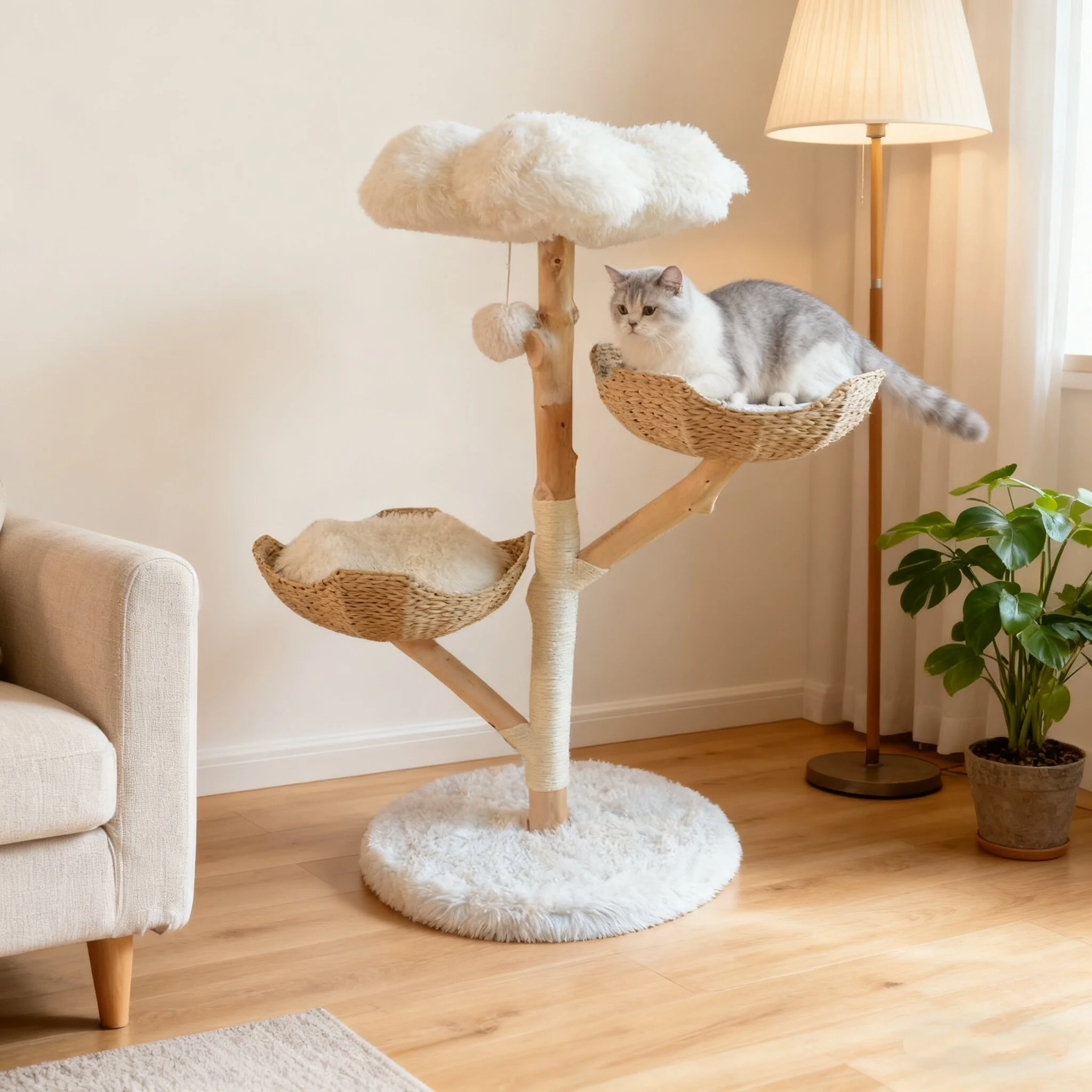 

Luxury Natural Solid Wood Cat Tree Modern Cat Toy Climbing Frame Plush Cat Nest Sisal Column Jumping Platform