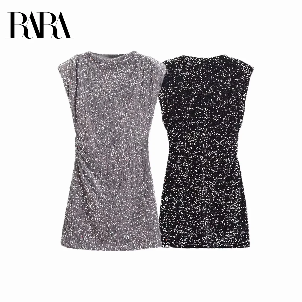 

2024 RARA simple slim fit round neck sleeveless temperament waist sequin dress short skirt for women