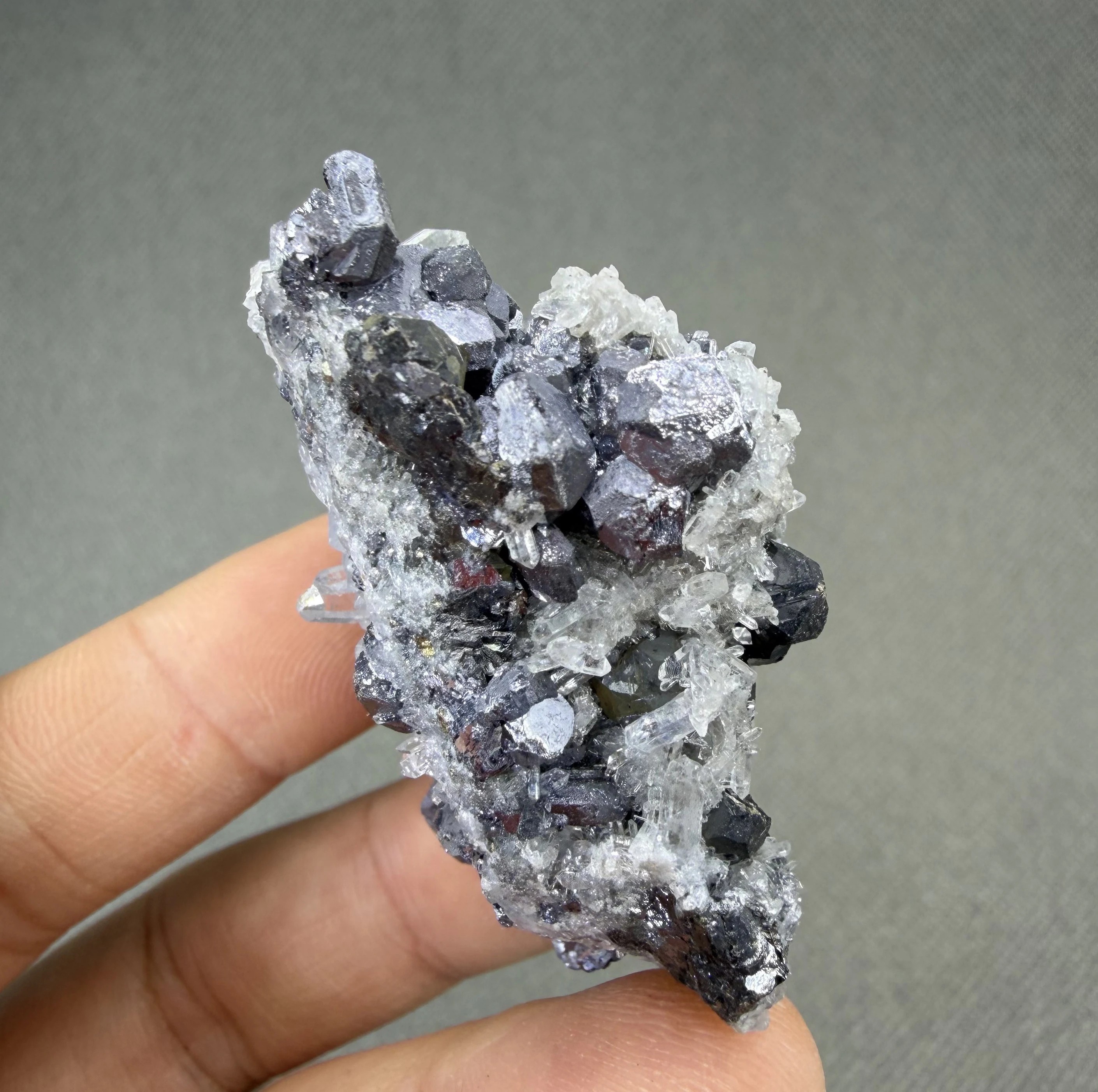 Rare — 49g Galena naturally intergrown with Quartz — Sharp cubic crystals on clear prisms — No glue, no repair