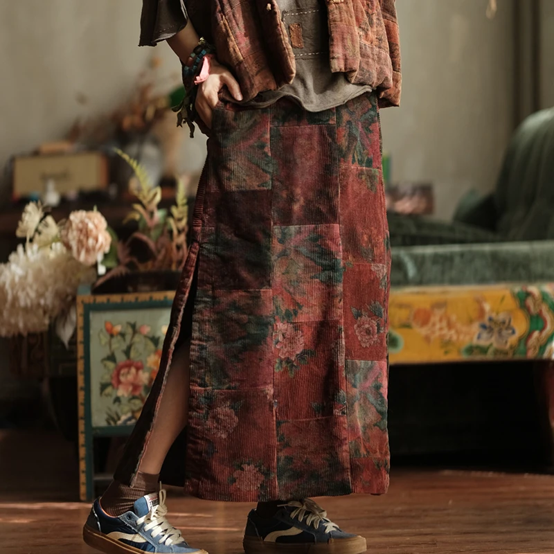 100% 면 코듀로이 캐주얼 스커트 여성 신상품 2025 가을 빈티지 스타일 플로럴 프린트 여성 A라인 롱 스커트 M2033