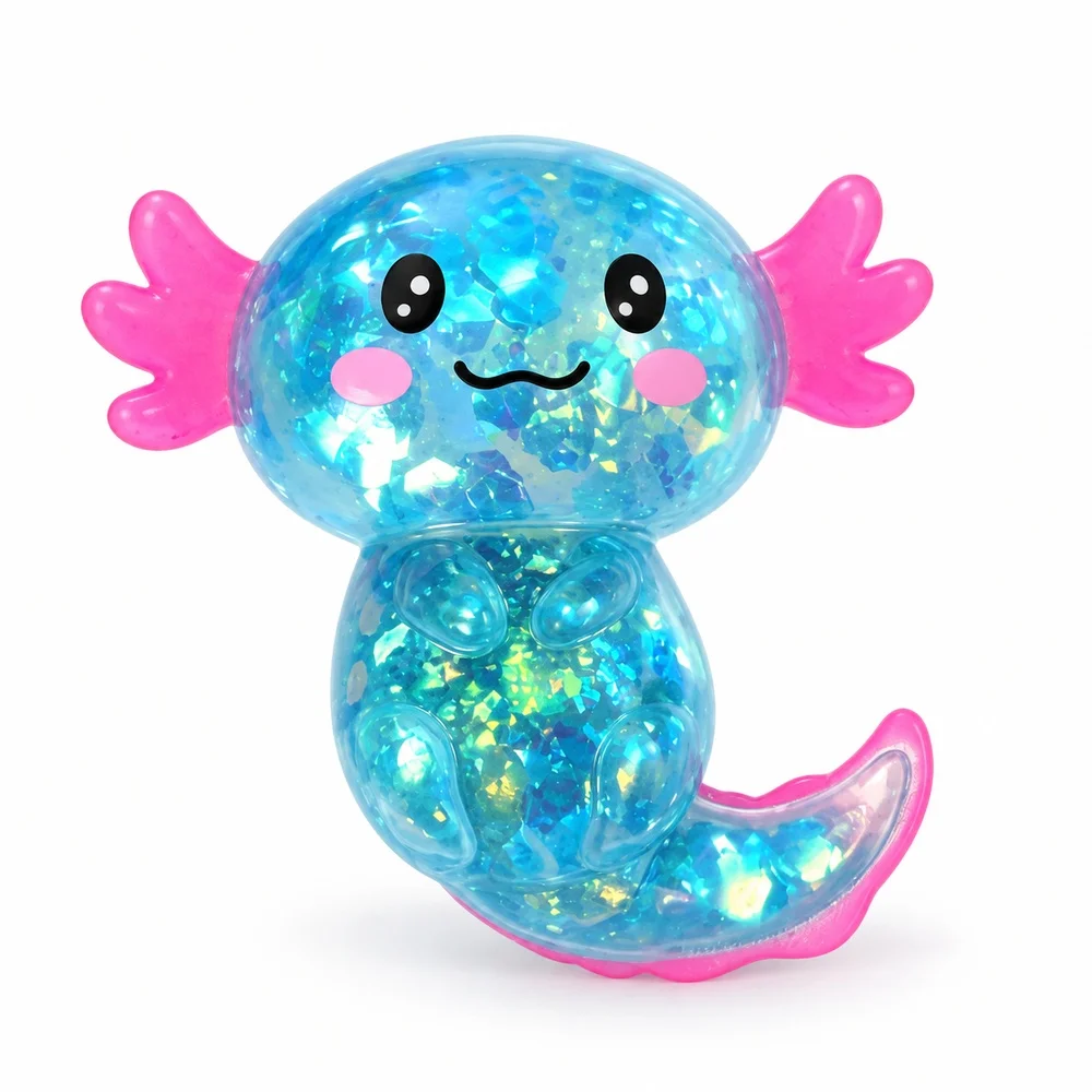 Axolotl Squishy Toy Blue Clear TPR with Shiny Flakes Pink Gills and Curved Tail Squeeze Fidget Desk Gift for Teens and Adults