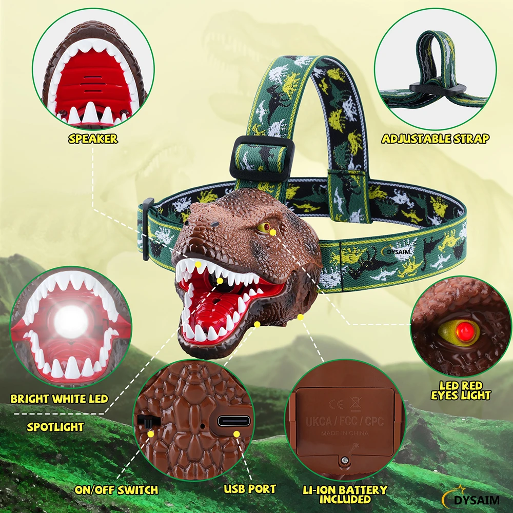 Dinosaur Headlamp LED Headlight for Kids Dinosaur Toys Child Head Flashlight Type-C Recharge Roaring Dino Head Lamp for Camping