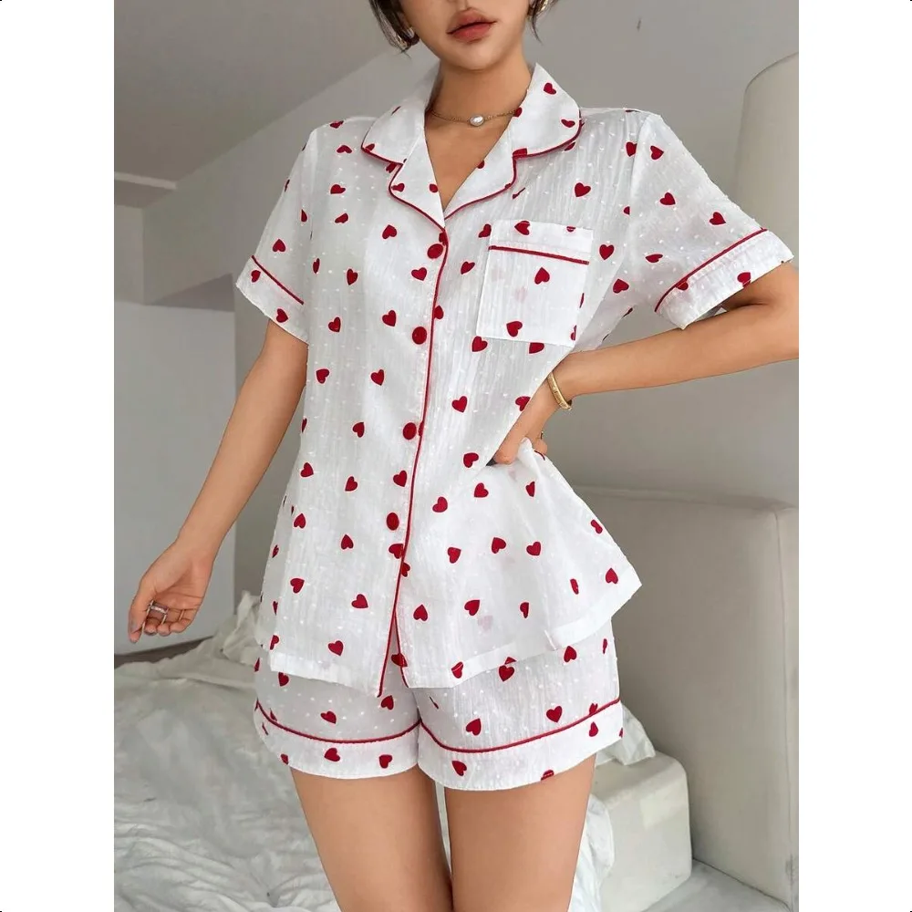 

Women's 100% Cotton Jacquard Short Sleeve Shorts Pajama Set, Heart Print, Summer Sleepwear
