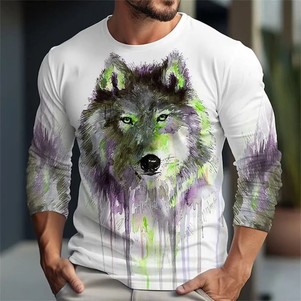 Wolf Graphic Aquarelle Print Autumn Men's O-Neck T-shirt Casual Long Sleeve T-Shirt Oversized Pullover Fashion Tops Men Clothing