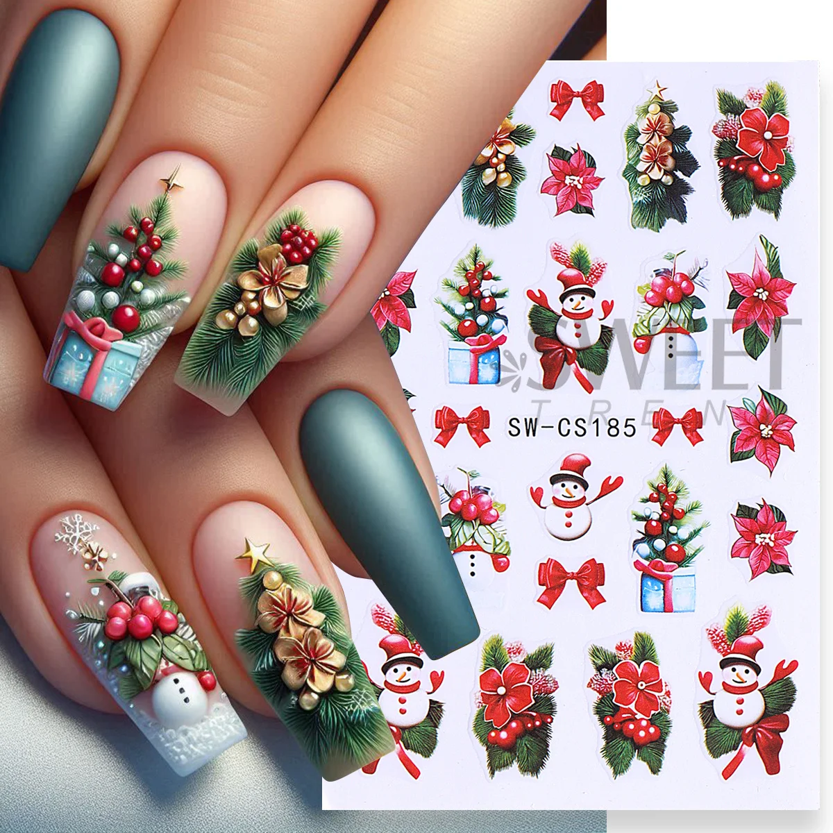 3 pçs feliz natal prego manicure decalques grande flor vermelha dos desenhos animados boneco de neve azevinho arco presente doces bastões design adesivos decoração de inverno