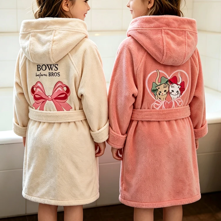 Children Bathrobe Cotton Summer Girls Children Robe Hooded Flannel  Boys Bow Cherry Lemon Cartoon Print Pattern Towel Pyjamas