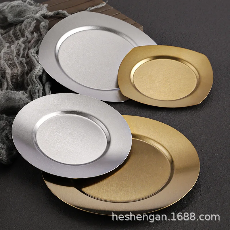Japanese Western food golden stainless steel shallow plate, Korean flat bottom tray shallow plate commercial barbecue plate