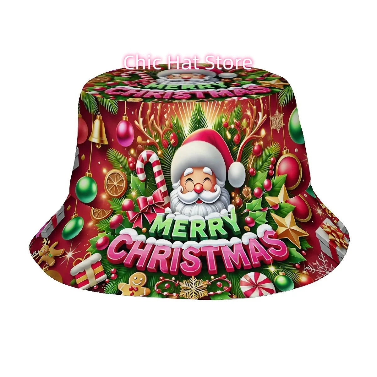 ()1pcs Winter Christmas with Santa Claus and Gingerbread for Man, Holly, Red Berries Unisex Printed Fisherman Hat, Stylish Hat w