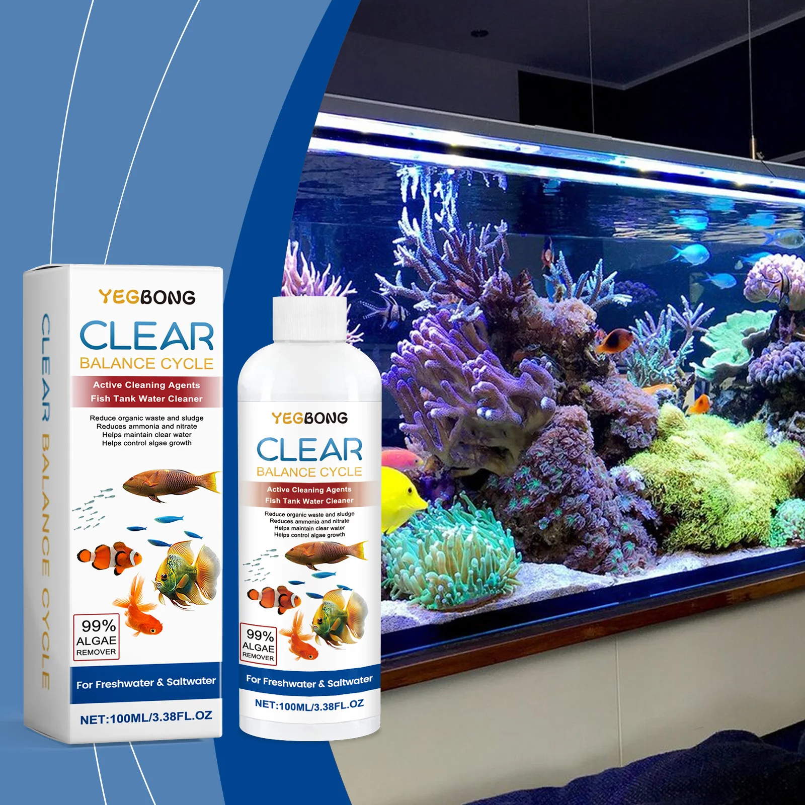 Aquarium Clarifier; Clean Aquarium Stains and Sludge, Clear Water Control Algal Growth