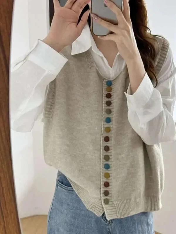 Retro Stylish round Neck Knitted Sweater Women's Spring Autumn Loose Sleeveless Open Cardigan Vest Versatile Shoulder Bared