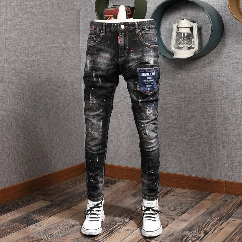 Street Designer Fashion Men Jeans Retro Black Gray Stretch Slim Fit Ripped Jeans Men Painted Vintage Hip Hop Y2K Denim Pants
