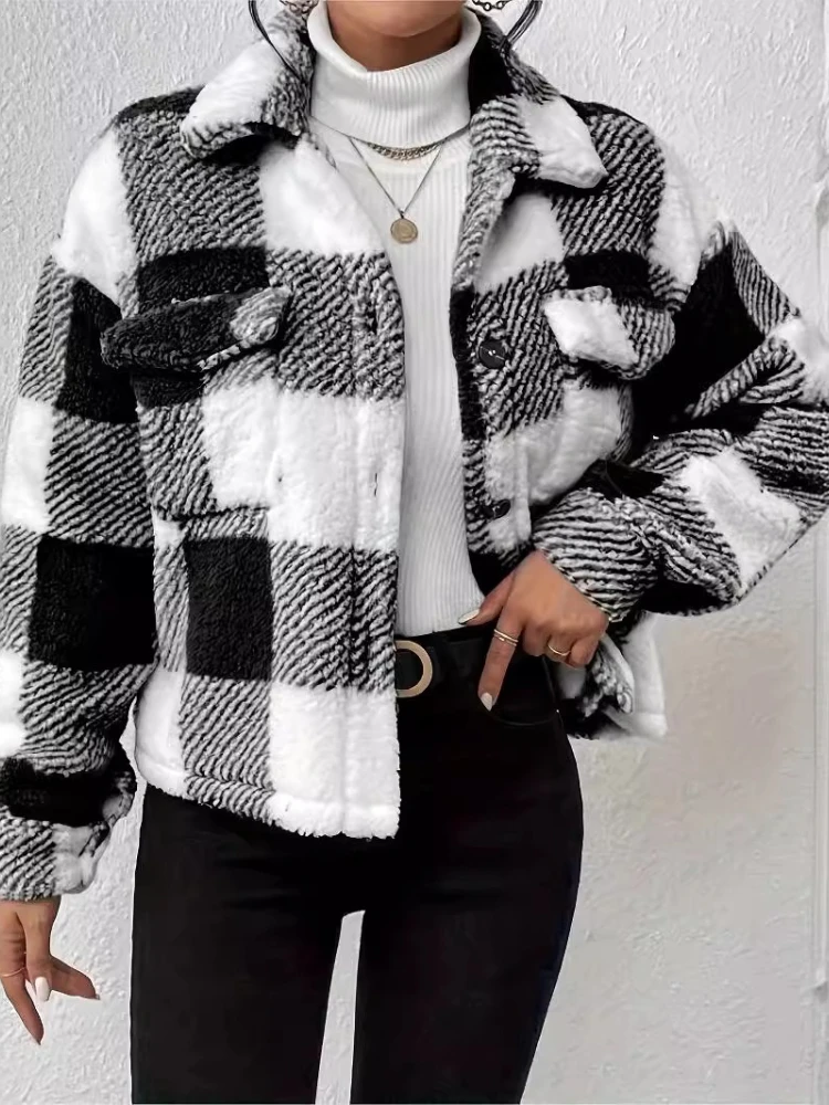 

Autumn/winter Elegant Winter Coat Female Women's Urban New in Coat Plaid Pattern Lapel Button Fleece Women's Winter Coats