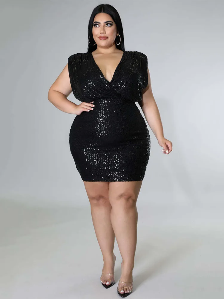 Dress Plus Size Women Party Club Wear Deep V Ladies Sequin Mini Dress Slinky Sexy Tight Black Dress Wholesale Bulk Dropshipping