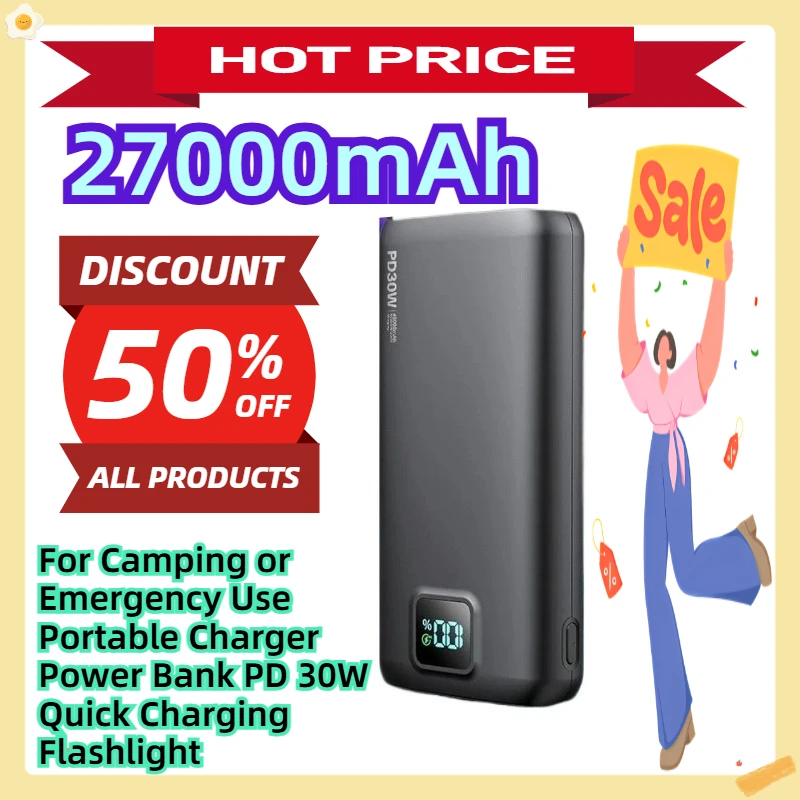 

For Camping or Emergency Use Portable Charger 27000mAh Power Bank PD 30W Quick Charging Flashlight