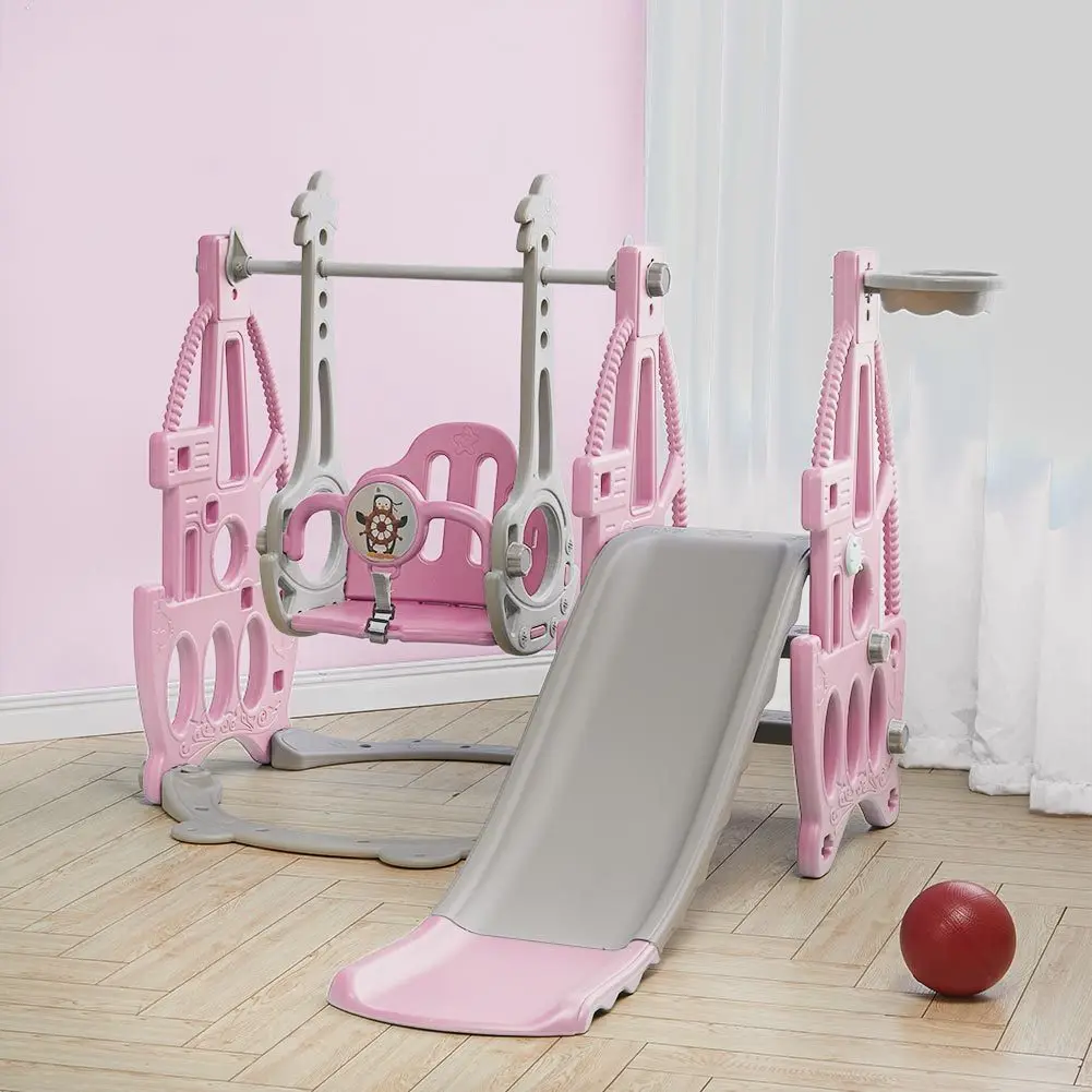 3 in 1 Kids Garden Climber Slide & Swing Set Basketball Hoop Children Playground, Pink