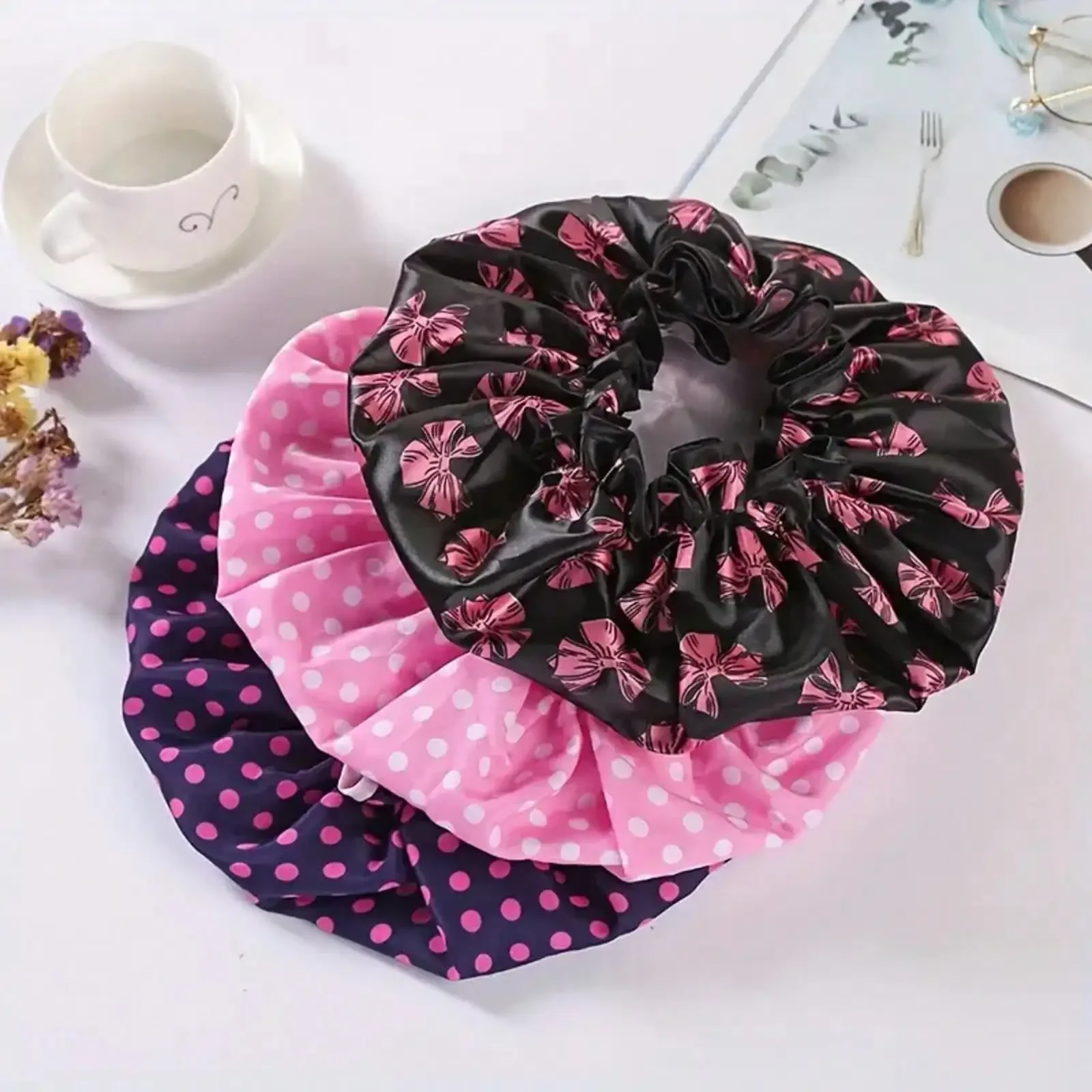 

2026 3-Pack Double-Layer High-Quality Shower Cap With Floral And Polka Dot Print - Elegant Outer Layer And Premium Inner Lining, Fashionable Bath Accessories Suitable For Men And Women, Special For Wet Environments| Elegant Shower Cap| Stable And Secure F