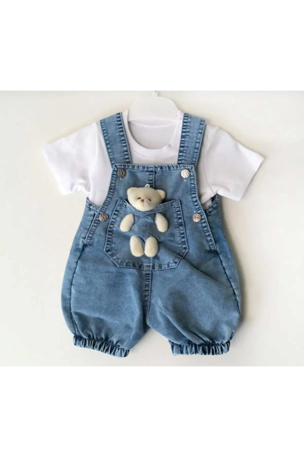 

2-Piece Baby Denim Slopet Set With Toy Visual Short Sleeves And Short Legs Suit Dress Sets Toddler Baby Boys Girls Clothing Cute