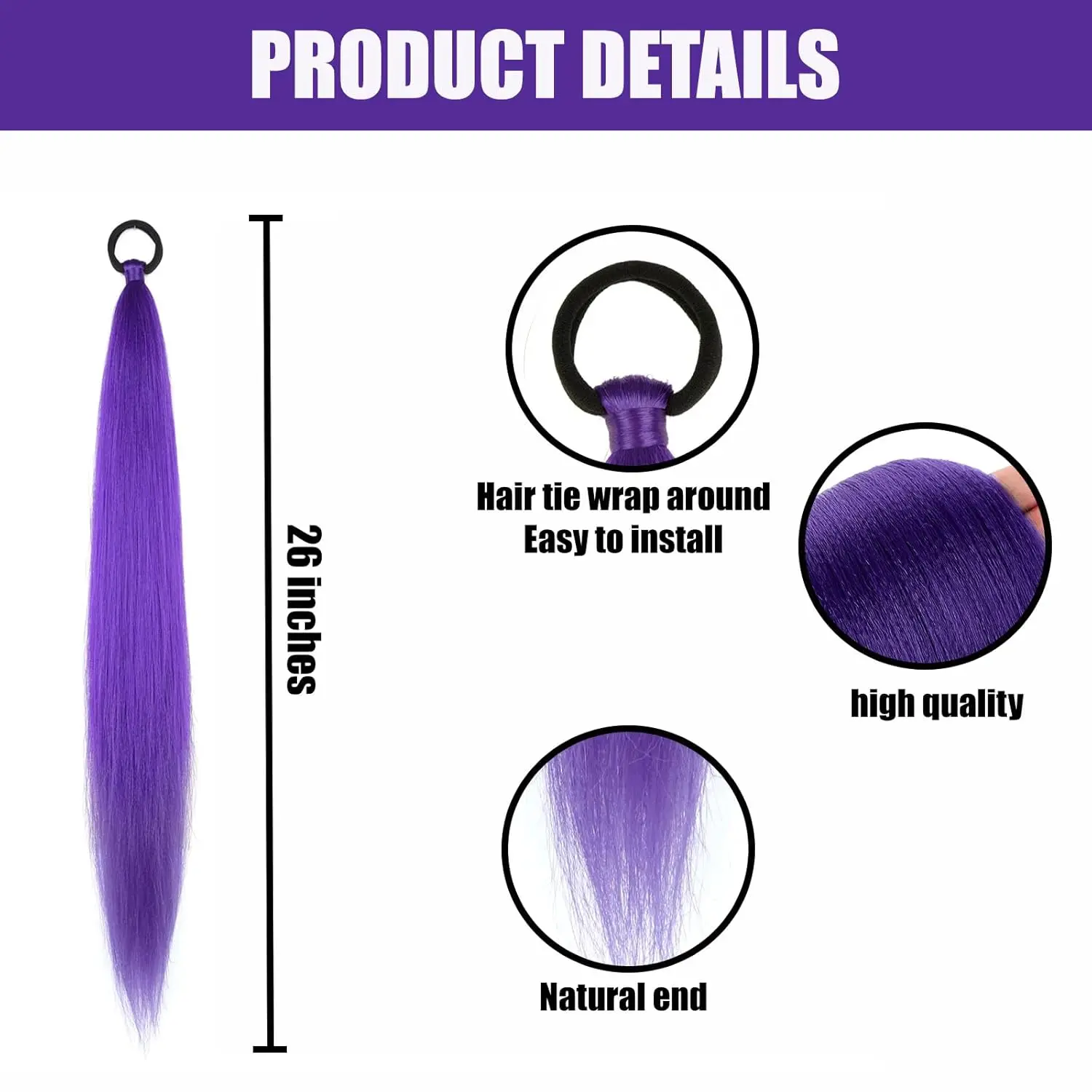 2PC Synthetic Purple Ponytail Extension with Rubber Band Long Straight DIY Braided Pony Tail Hairpiece Women Hair Accessories