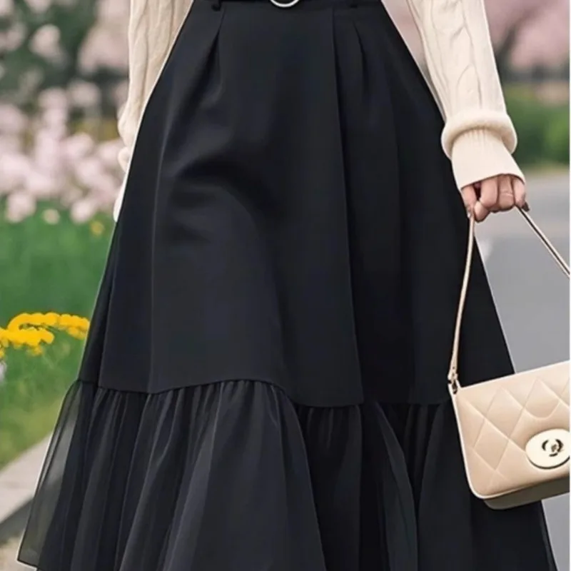 Immagine 7: Gonne longuette patchwork di pizzo di nuova moda primavera autunno da donna 2025 Lady Graceful Solid Vintage Gonna al ginocchio Abbigliamento alla moda