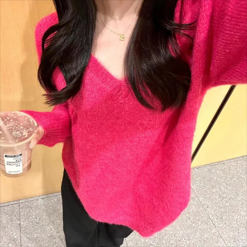 Rose Pullovers for Women Long Sleeve Loose Casual Solid V-neck Autumn Winter Ulzzang Minimalist Warm High Street Ins Elegant