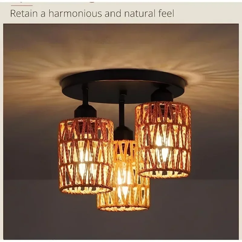 Cylinder Woven Lampshade E27 Lighting Fixture Round 3 Heads Rattan Ceiling Lamp Replacement Pendant Sconce Ceiling Lights Covers