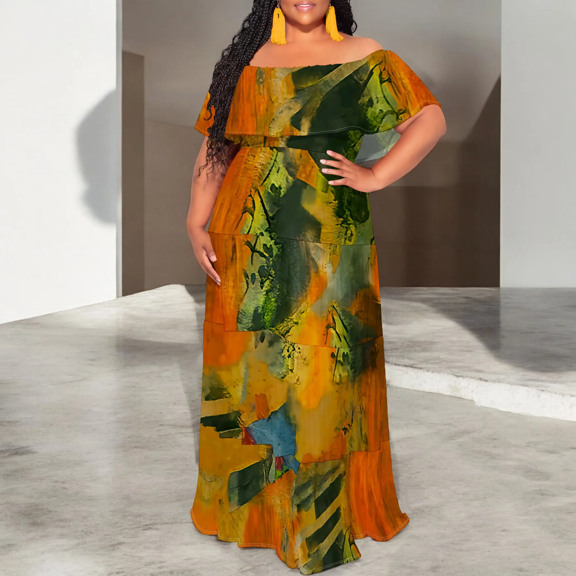 

Women's Plus Size Maxi Dress Summer 2025 New Arrival Off Shoulder Abstract Print Flowy Beach Vacation Party Long Dress S-3XL
