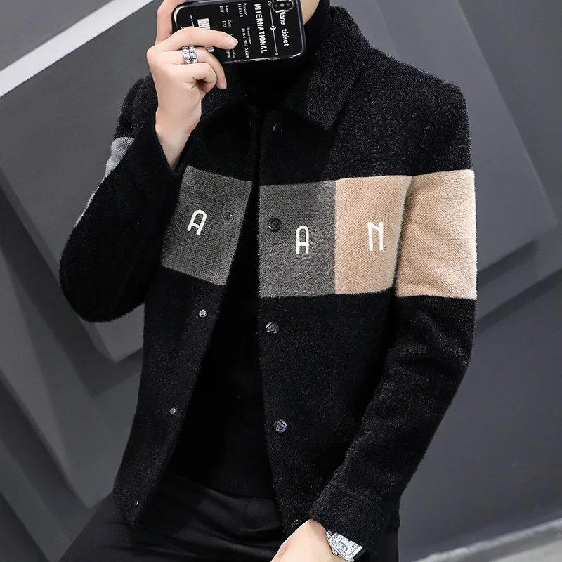 

2024 Winter Wool Blends Jacket Men Short Casual Business Trench Coat Slim Stitching Windbreaker Social Streetwear Overcoat