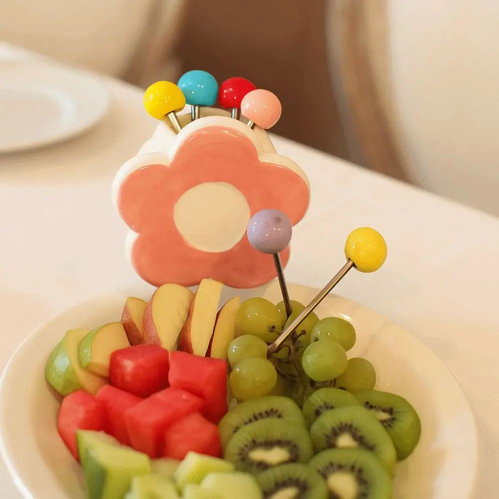 

Portable Stainless Steel Fruit Fork Flower Shaped Decorative Colorful Fruit Fork Set Comfortable Grip Household