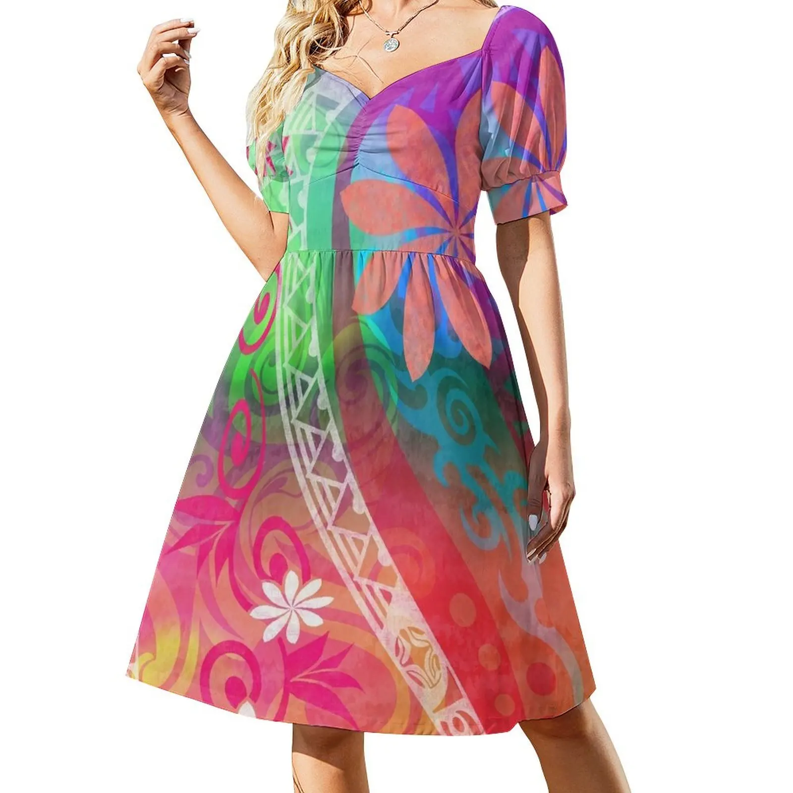 

Hawaiian - Samoan Tribal Tiare Watercolor Short Sleeved Dress Women's summer skirt fairy dress dresses for womens Dress