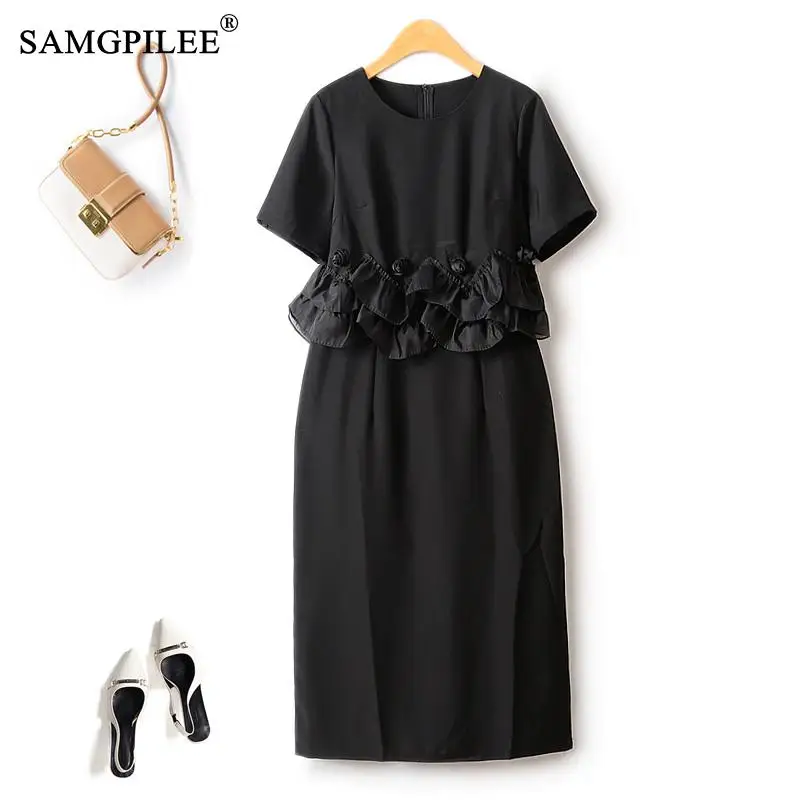 

European Station Commuter Waist Three Dimensional Flower Hepburn Style Black Dress Summer Petal Edge Mid Length Women Dresses