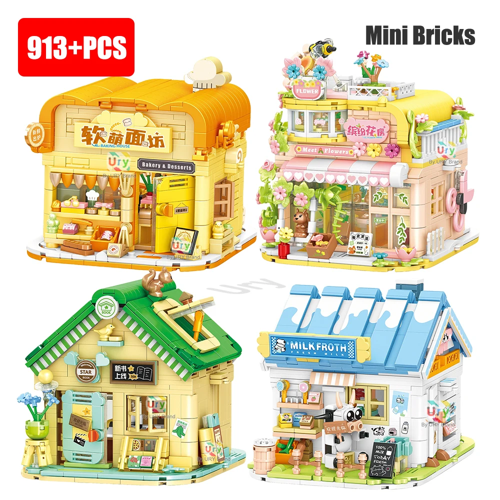 Friends Series Mini Bricks Milk Store Bakery Flower House Rural Cabin Set Playground DIY Building Block Toys for Gift