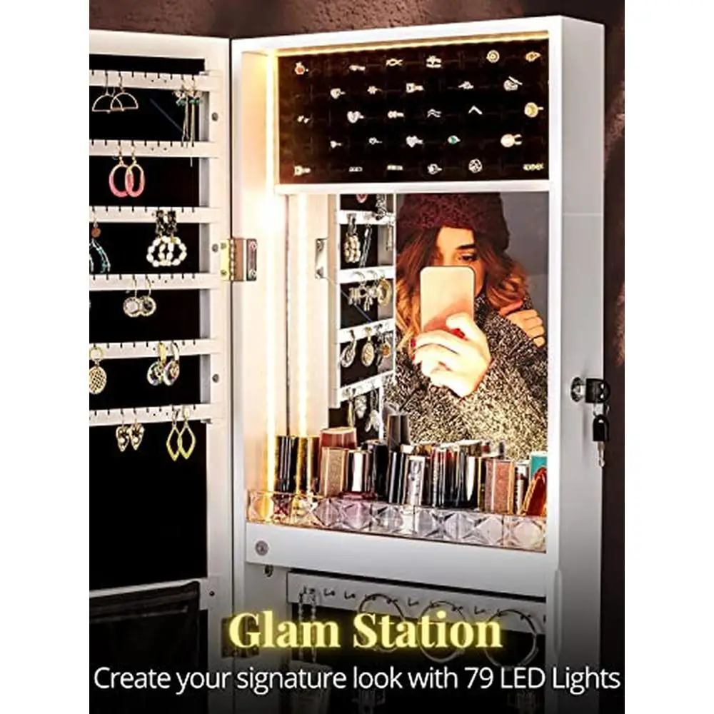 LED Jewelry Storage Organizer Mirror Cabinet Armoire with Ultra-HD Glass Large Capacity and 79 Lights Face Makeup and Precious