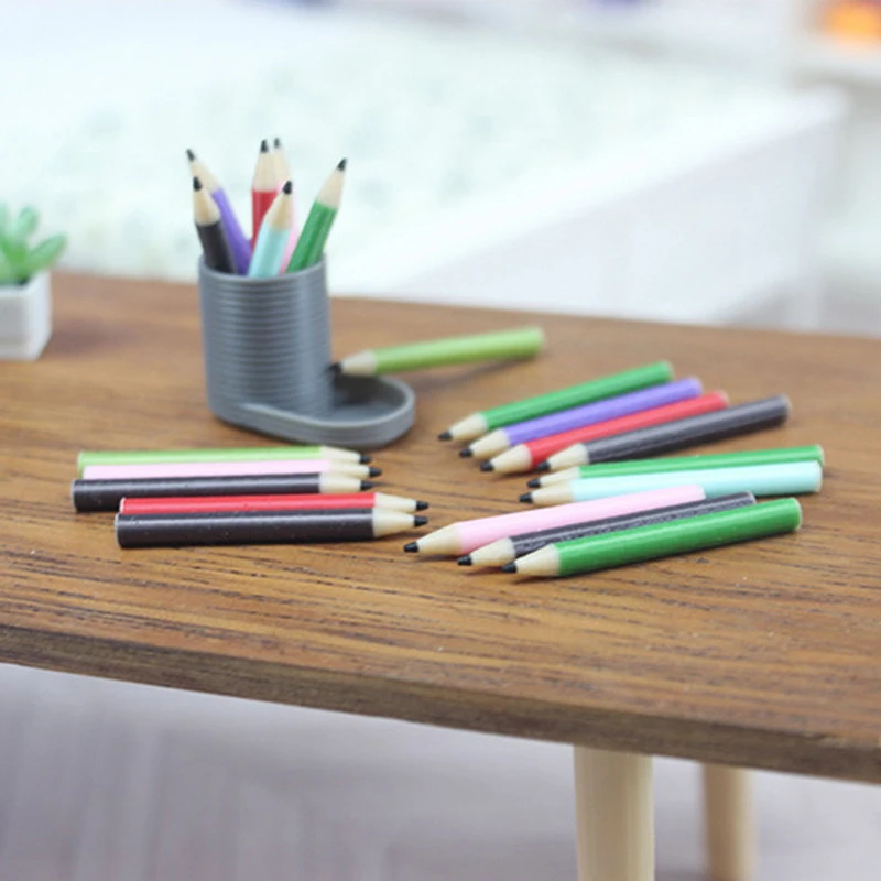 1 ensemble 1:12 maison de poupée Miniature maison de poupée porte-stylo + 6 crayons de couleur ensemble poupée décor à la maison semblant jouer maison de poupée papeterie jouets