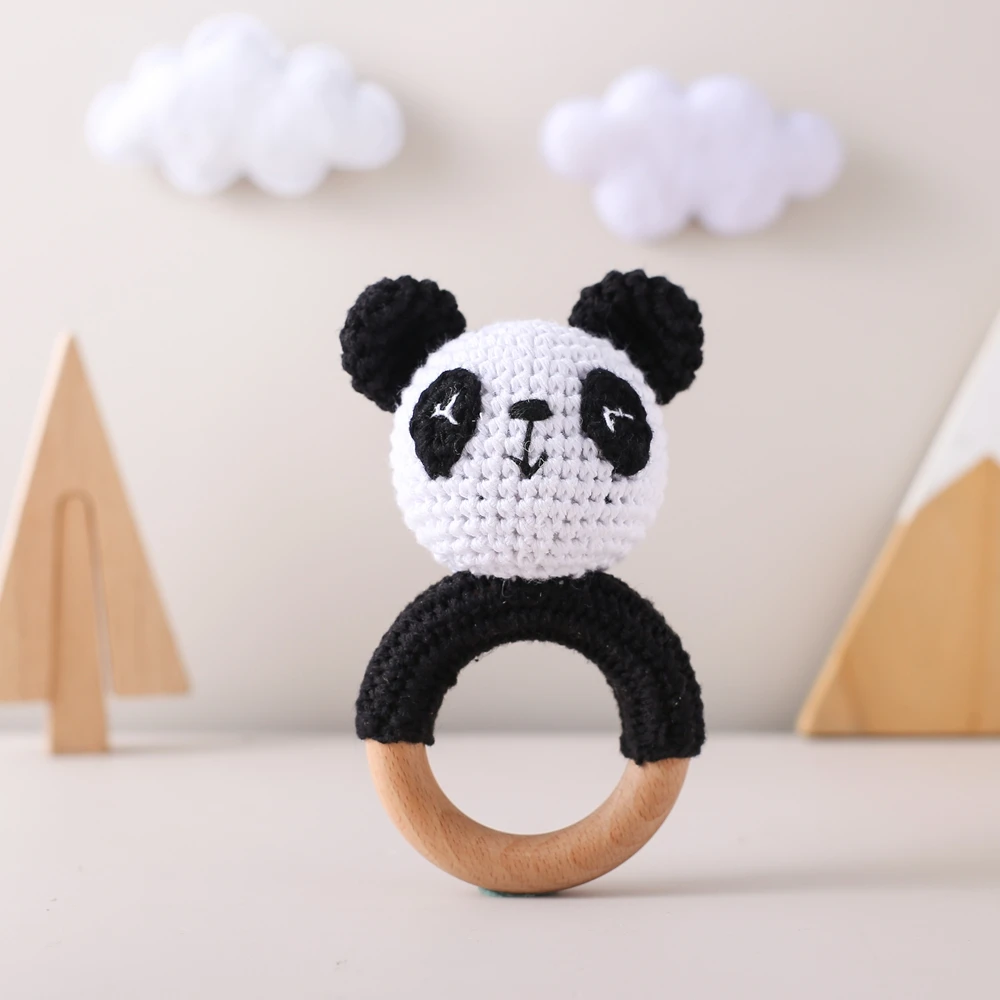 Let's Make Häkeln Tier Panda Rassel Spielzeug Schnuller Armband Holz Beißring Ring Baby Produkt Mobile Kinderwagen Krippe Holz Spielzeug Geschenke