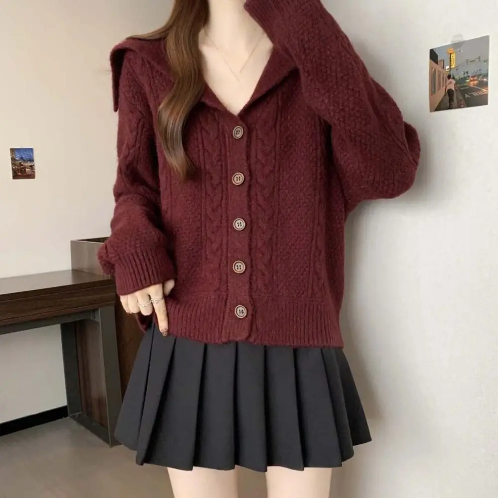 

Flip Collar Grid Crochet Sweater Long Sleeve Autumn Spring Cardigans Women Y2K Preppy Style Ladies Tops Sweet Knitwear