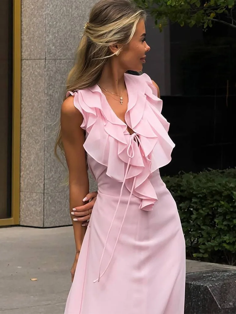 Chic rosa chiffon plissado em camadas maxi vestidos para mulheres elegante decote em v sem mangas rendas até vestidos de festa 2025 verão senhora roupões