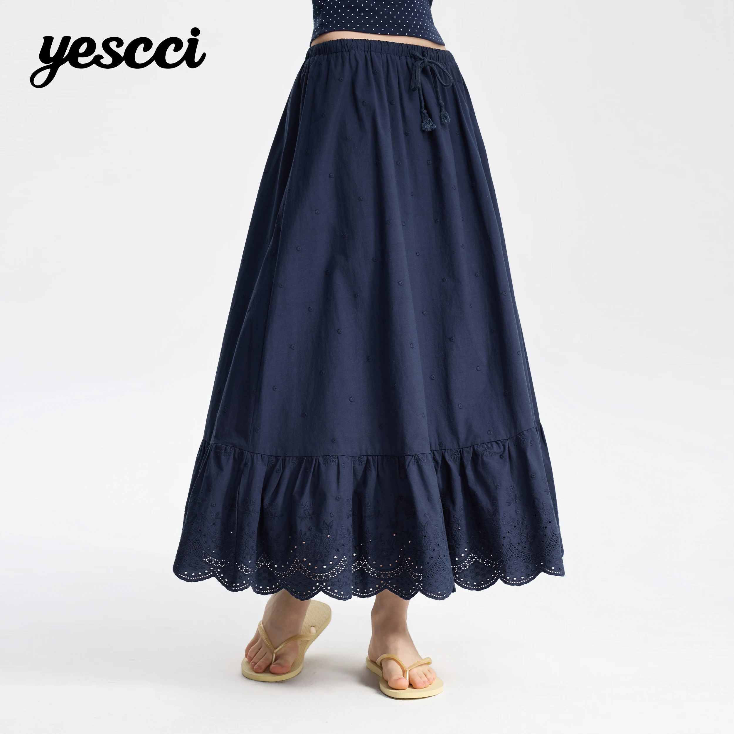 YESCCI Long Skirt Jacquard Lace Trim Elastic Waist Casual 2026 Autumn New Lightweight Gentle Elegant A Line Skirt S56345676