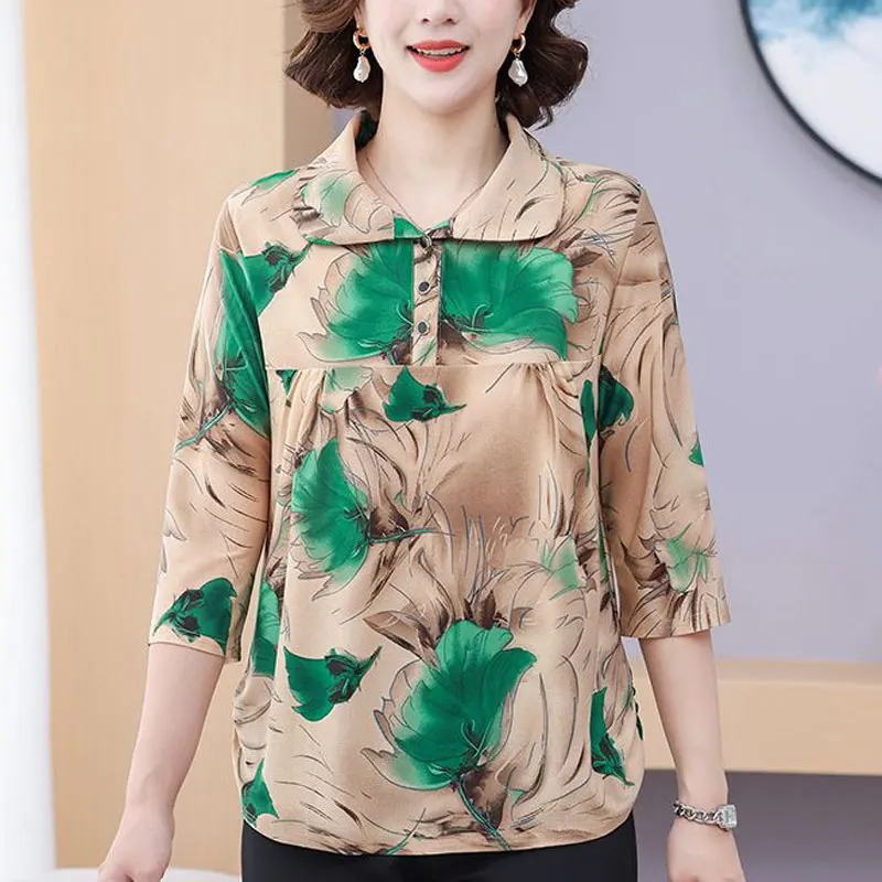 Stylish Peter Pan Collar Button Shirt Summer Thin 3/4 Sleeve Female Clothing Vintage Floral Printed Casual Spliced Loose Blouse