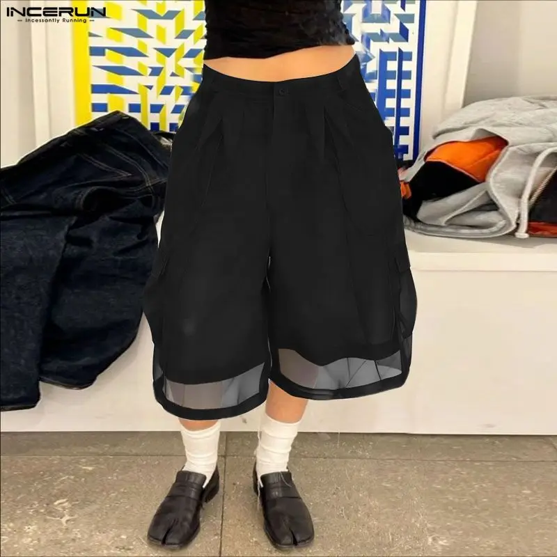 INCERUN Pantaloncini da uomo Mesh See Through Button Pantaloni da uomo oversize Streetwear Allentato Vacanza estiva Moda Pantaloncini maschili sexy S-5XL