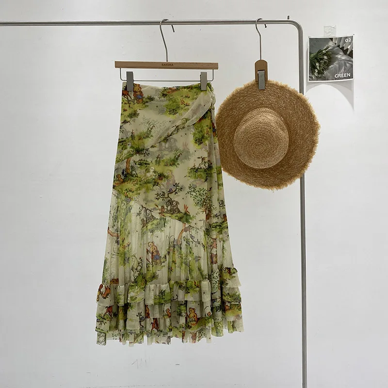 

Women's Skirts Fashion Chiffon Folds Floral Long Jupe Faldas Largas Para Mujer Moda 2024 Hhigh Waist A-line Summer Skirt