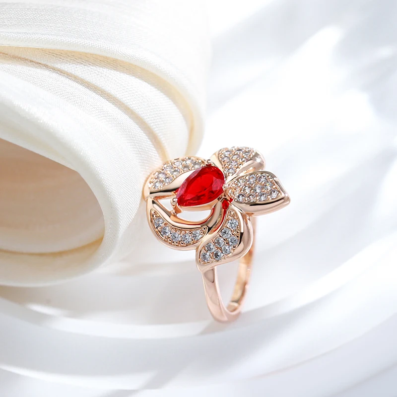 Kinel Luxury Red Natural Zircon Flower Big Ring for Women Fashion 585 Rose Gold Color Vintage Wedding Bride Fine Daily Jewelry