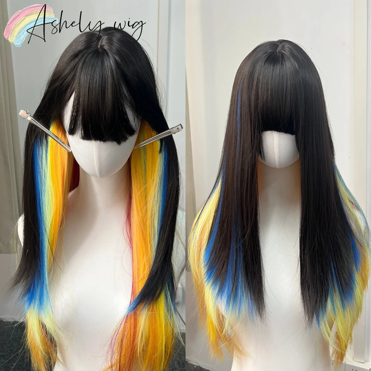 

Ashely Ombre Highlight Wig for Women Black Colored Hair Wigs with Straight Bangs Fashionable Headband Wig Synthetic Wigs Cosplay