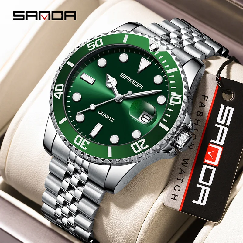 SANDA Men Quartz Watch Stainless Steel Band Business Casual Wristwatch Waterproof Luminous Date Display Classic Dive Sport Watch