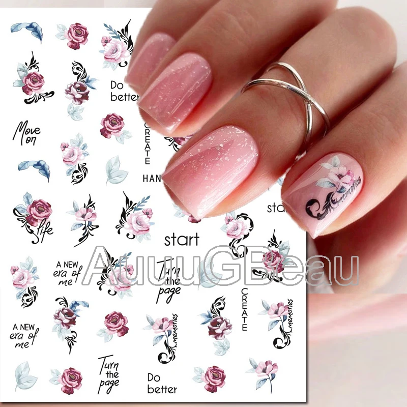 

Nail Art Decals Vintage Roses Ink Painting Peony Flowers Letters Back Glue Nail Stickers Decoration For Nail Tips Beauty