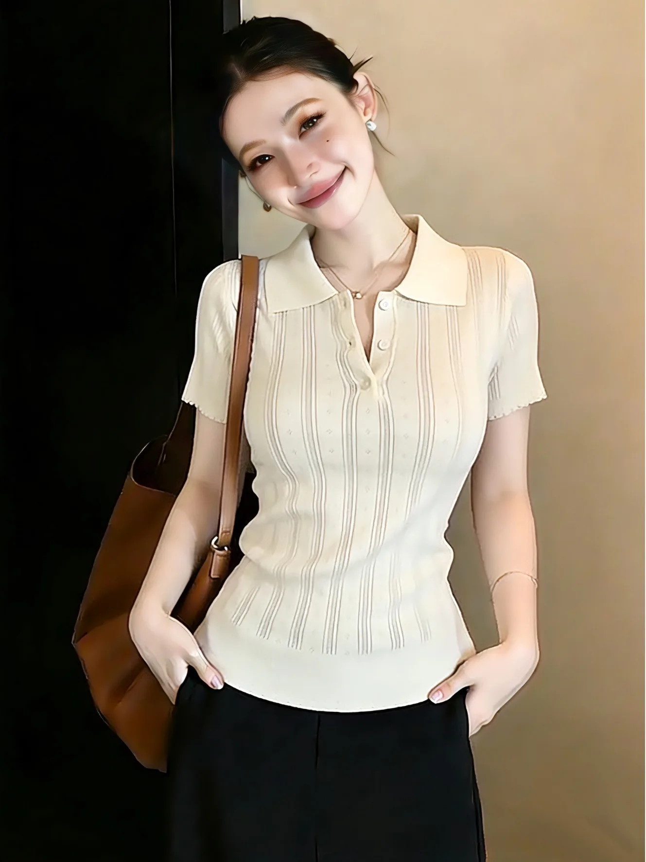 

plus Size Neck Short Sleeve Knitwear Women Slim Fit Summer Thin Style Hollow out Design Casual Comfortable Inner Wear Top