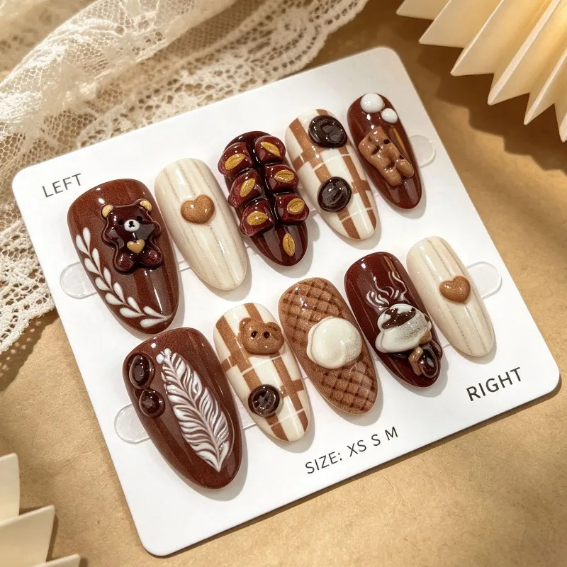 30Pcs Press-On Nails Autumn/Winter Instagram-Style Bear-Printed Almond-Shaped Exquisite Checkered Heart-Patterned Fake Nails