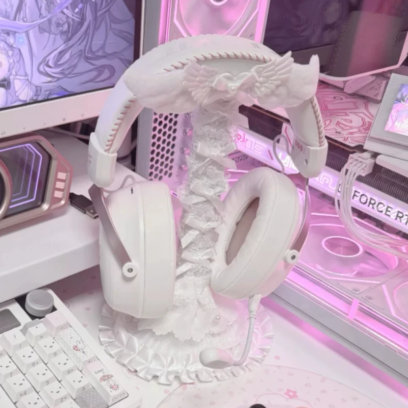 White Angel Headphone Stand Handmade Custom Headset Bracket Lace Headset Bracket Desktop Ornament E-sports Room Accessories Gift