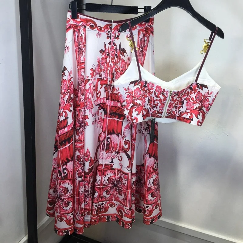 Summer Holiday Two Pieces Set Women's Spaghetti Strap Padded Cup Metal Button Zipper Print Short Tops + A-Line Long Skirt Suit