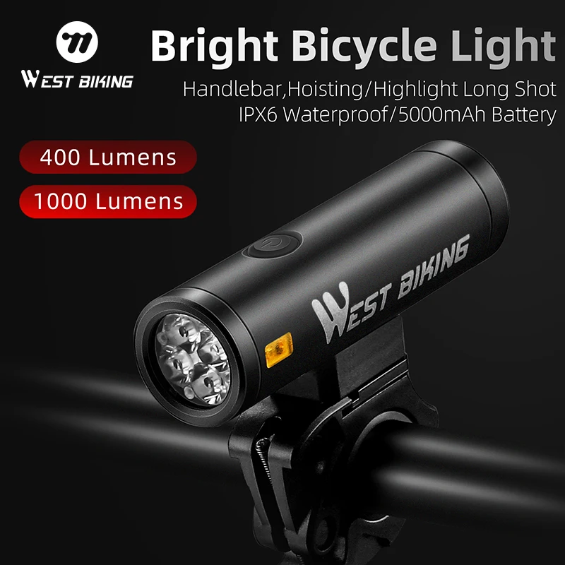 WEST BIKING Luce anteriore per bicicletta 800LM/1000LM Tipo-C Ricarica Faro per bici 5000mAh IPX6 Torcia impermeabile Accessorio per ciclismo