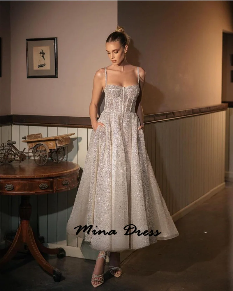 Mina Customized Backless Luxurious Women's Evening Dresses for Special Occasions Sleeveless Noodle Strips Sequins Wedding Dress